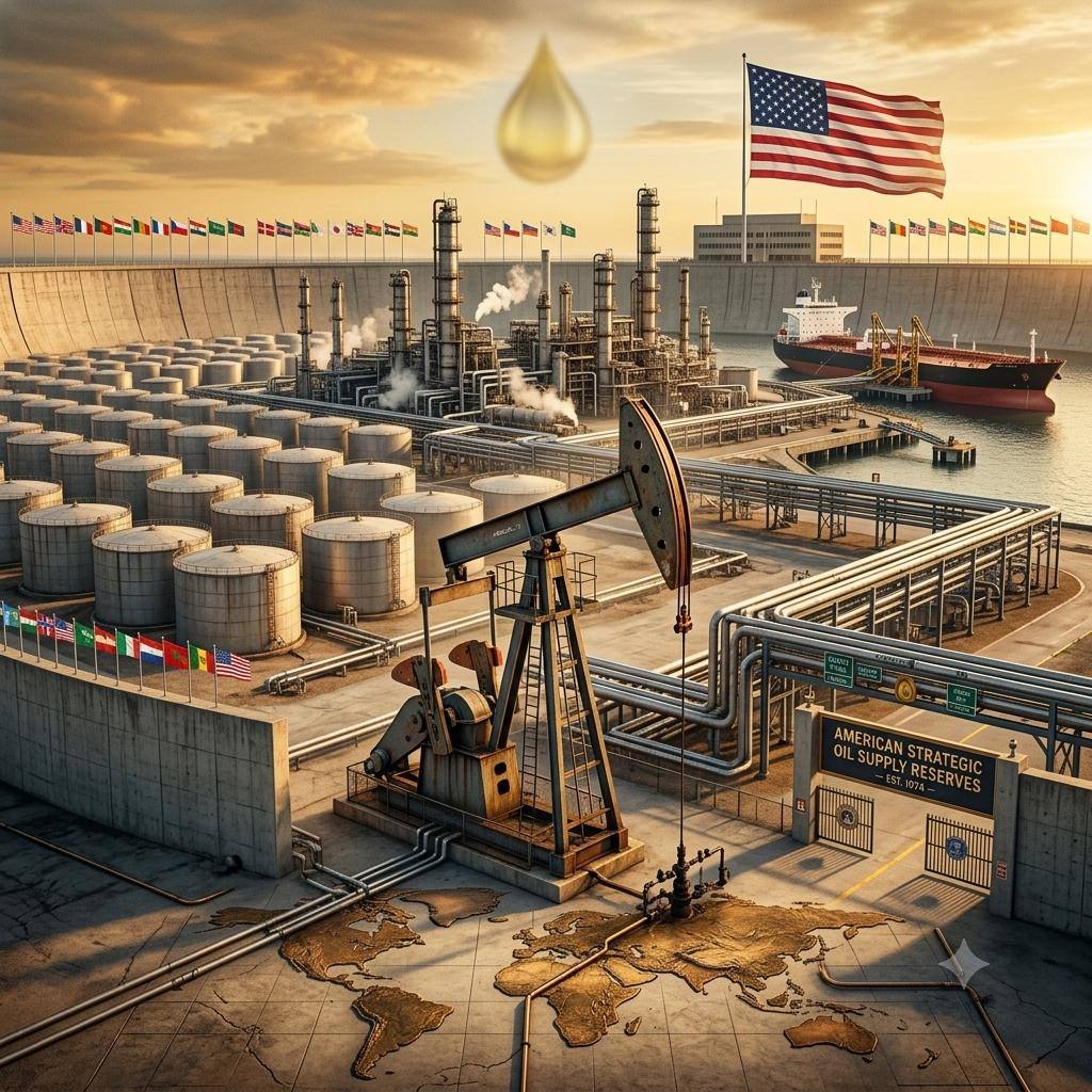 American Strategic Oil Supply reserve terminal with storage tanks, refinery and tanker